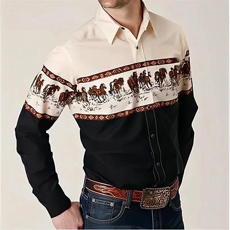 Western Style Long-sleeve Shirt, Men's Fashion Top with Geometric Pattern