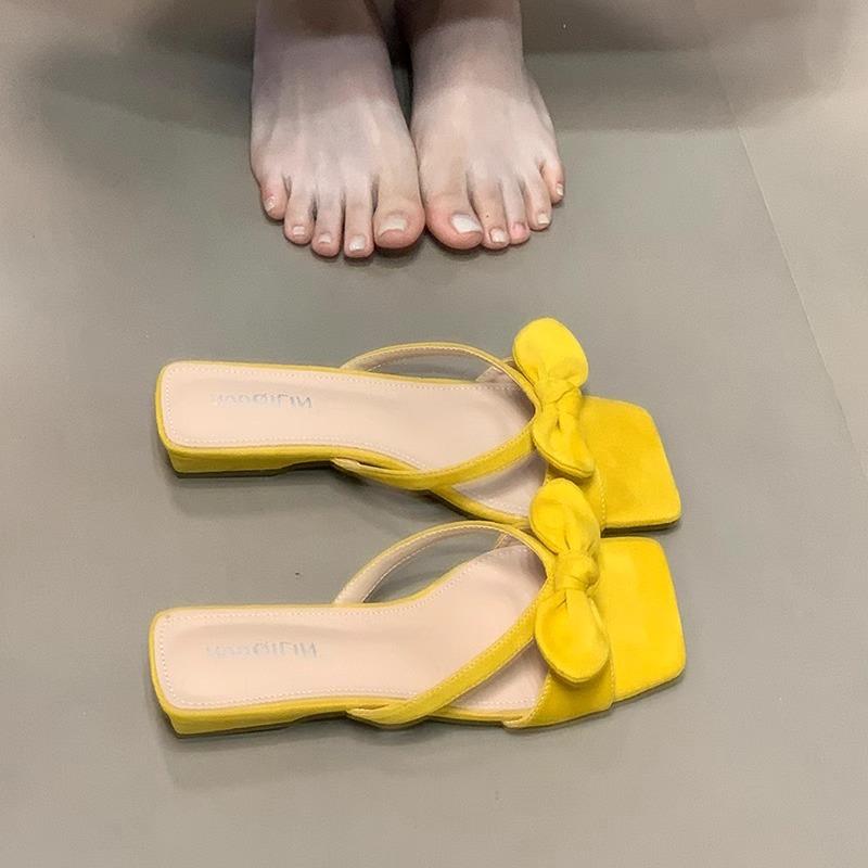 

[Fan Gui]~ Low-heeled commuter one-word drag summer fairy style hollow and versatile outer wear sexy bow sandals 40 жёлтый