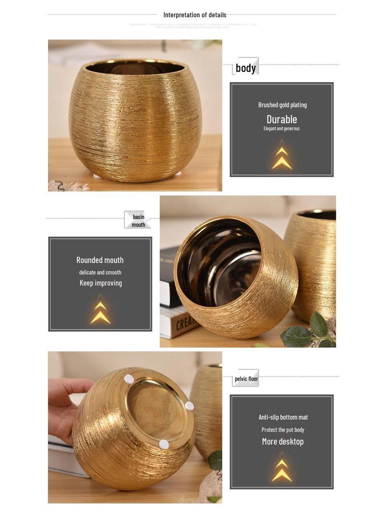 European Style Gold-Plated Ceramic Succulent Pot - Round Brushed Vase for Living Room Decor