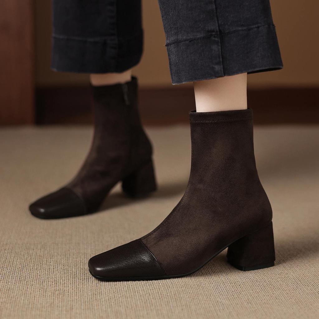 Krazing Pot Microfiber Winter Round Toe Western Boots Thick High Heels Zipper Women Flock Patch Work Ankle Boots