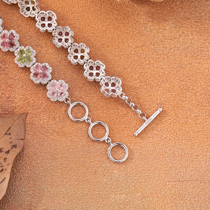 Four-Leaf Clover Natural Tourmaline Bracelet S925 Silver Jewelry Xiaohongshu Wechat Channels
