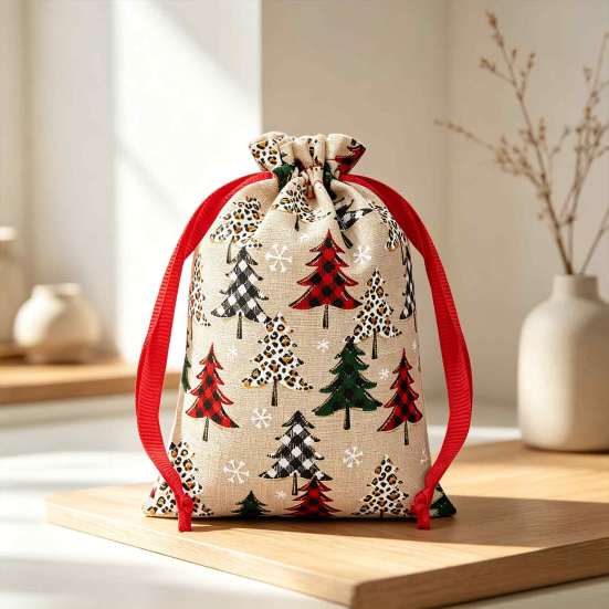 Gift Wrapping Supplies Christmas Tree Print Drawstring Bags, Faux Linen Xmas Treat Bag, Reusable Holiday Bags Candy & Apple Storage Pouch for
