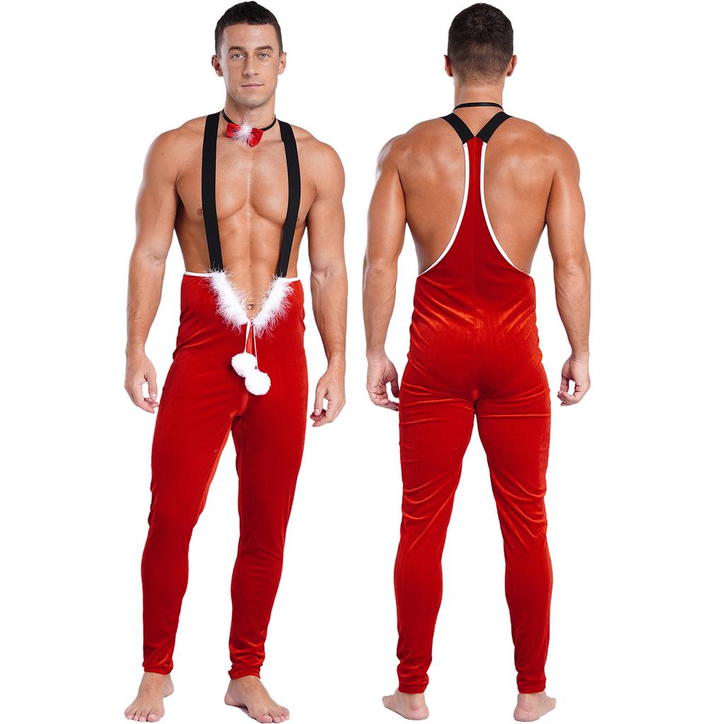 Men's Christmas Cosplay Jumpsuit Plush Ball Zipper with Bowknot Neckband Elastic Strap for Stage