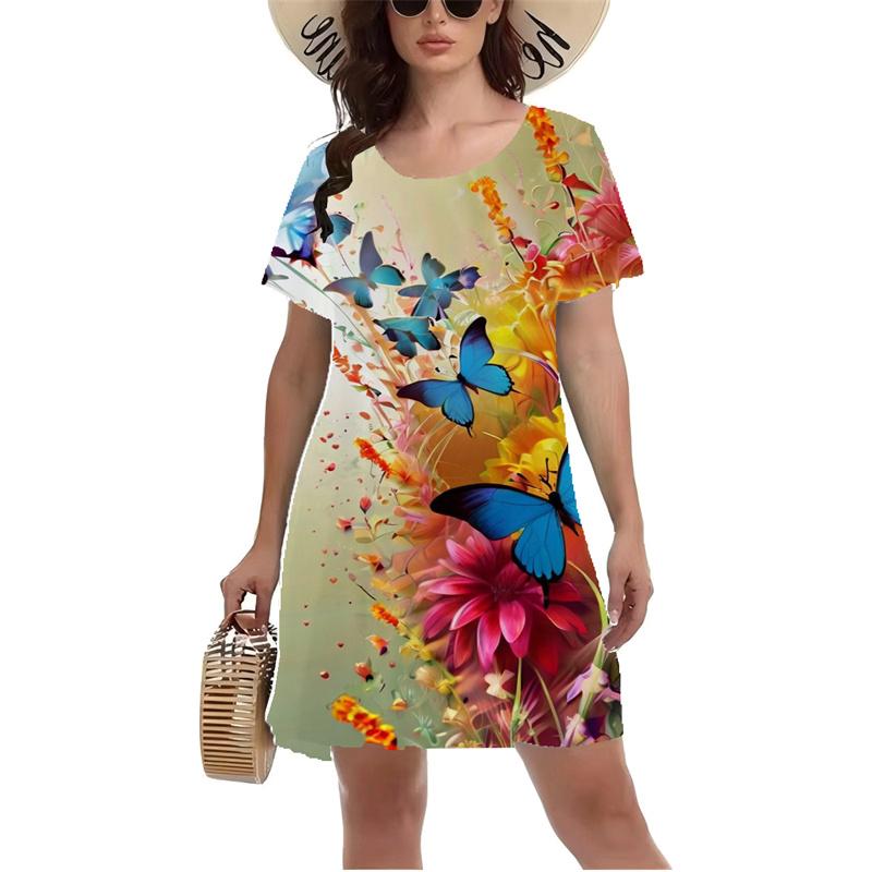 3D Colorful Butterfly Printed Dress Summer Short Sleeve O-neck Casual A-Line Dresses Fashion Lady Beach Vacation Dress Vestidos