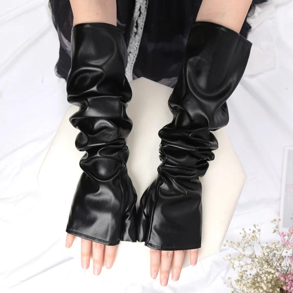 Long Arm Warmer Fingerless Gloves Black Women Gloves PU Leather Gloves Dance Performance