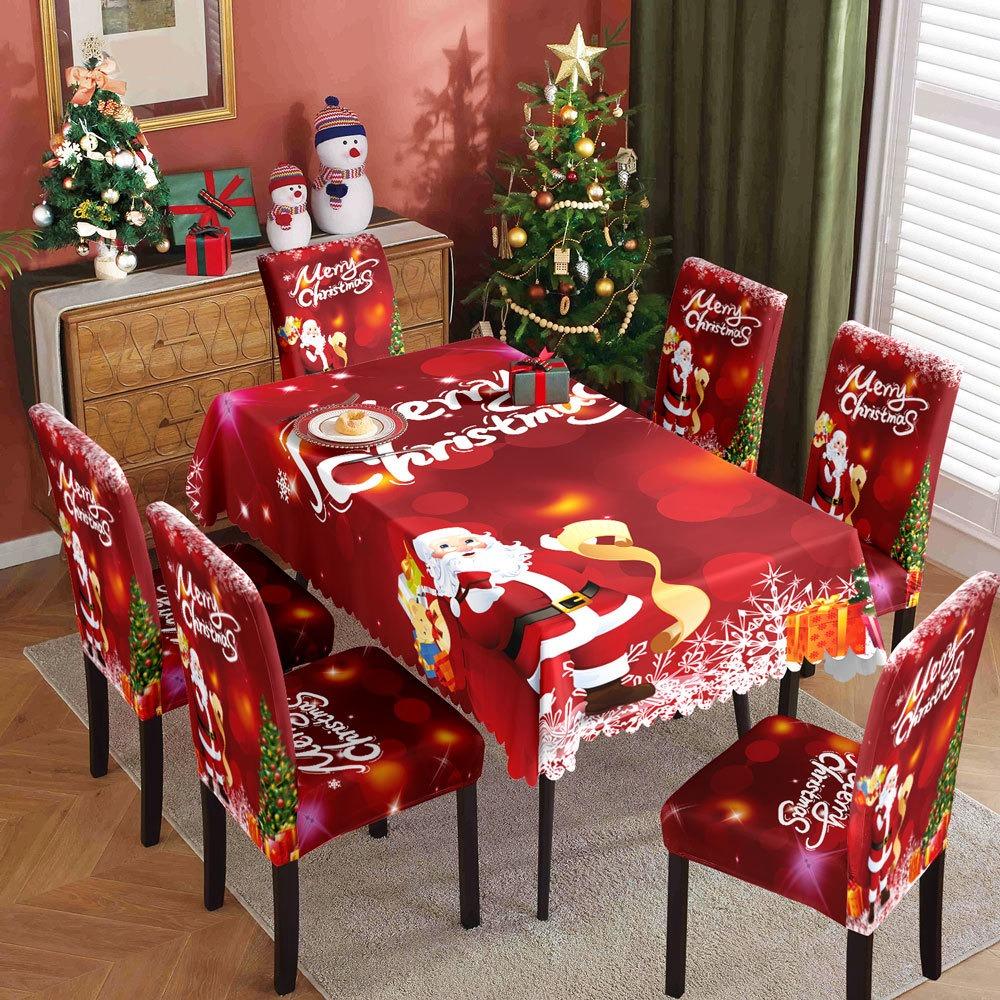 Christmas Waterproof Printed Tablecloth and Chair Covers Set Holiday Dining Decor for Home