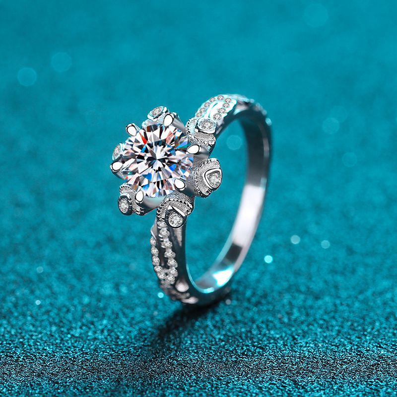 Korean Style Women's Ring: 1 Carat Moissanite Diamond On PT950 Platinum-Plated Silver