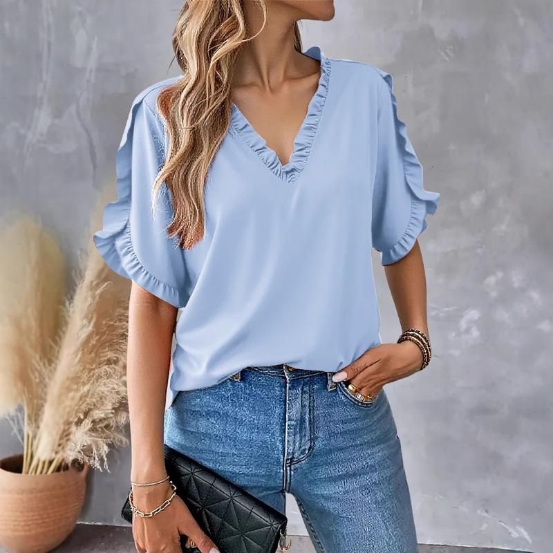 Summer Casual Short Sleeve Shirt Women V Neck Ruffle Design Loose Tee Tops Solid Elegant Women T-Shirts