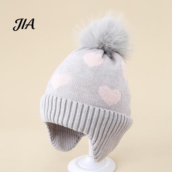 Cute Pom Knit Hat Kids Winter Hat, Warm Soft Pompom Cozy Gift for Children Heart Pattern, Earflap Boys Girls Toddlers Breathable