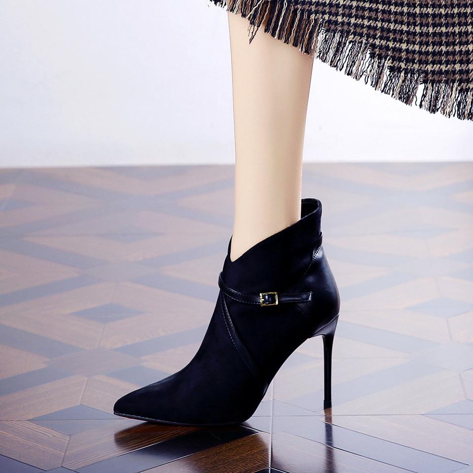 High heeled women's 2026 spring and autumn warm and fashionable pointed and ankle boots with belt buckle and slim heels