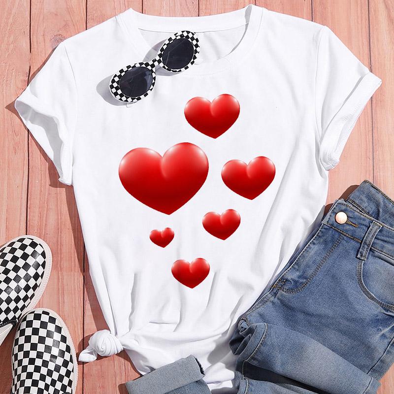 Sportswear Feminine Short Sleeve White Tshirt Clothes Heart Graphic Print T-Shirt Leisure Summer O-Neck Oversized Top Popular T