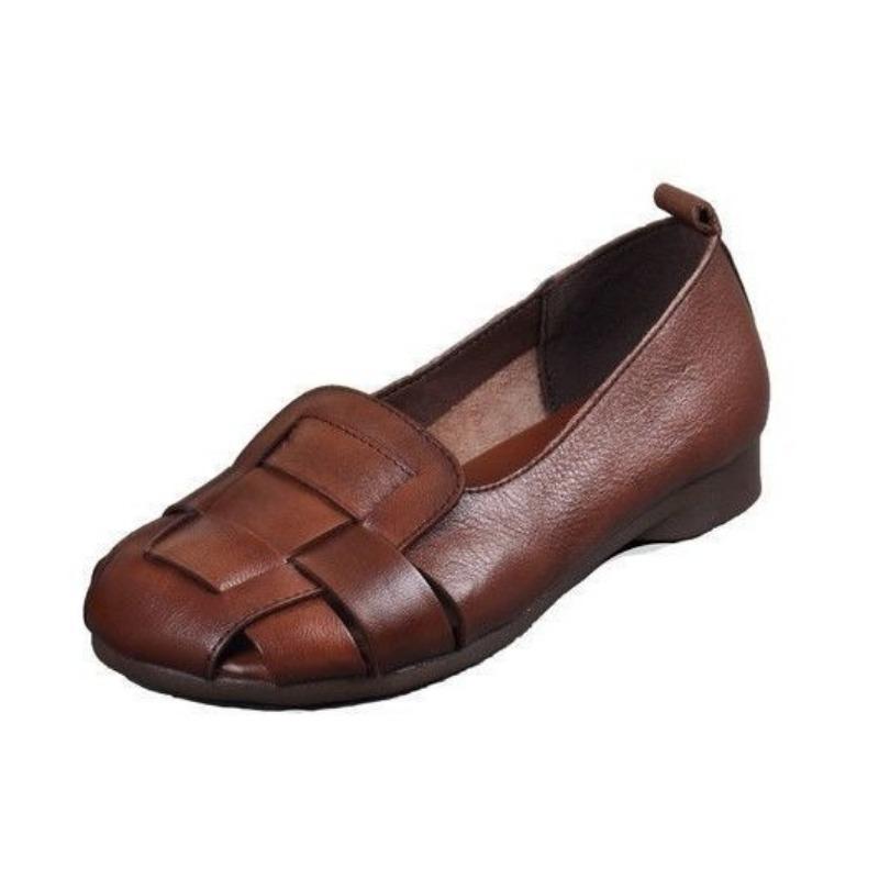 Soft Leather Hollow Woven Sandals Women's Spring and Summer New Flat-soled Single Shoes Retro Soft-soled Non-slip Sandals