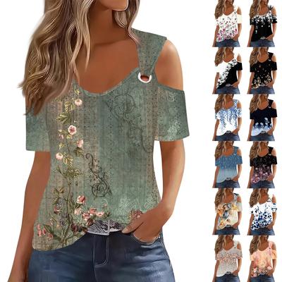 Sexy Cold Sholuder Tops For Women  Summer Hollow Out Eyelet Short Sleeve Blouse Loose V Neck Tshirt Trendy Casual Tunics