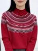 Fair Isle Women's Retro Cashmere Sweater - French Style Round Neck Pullover, Long Sleeve Knitwear