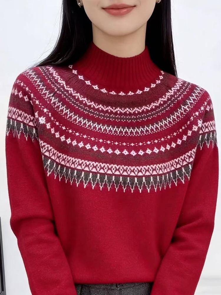 Fair Isle Women's Retro Cashmere Sweater - French Style Round Neck Pullover, Long Sleeve Knitwear