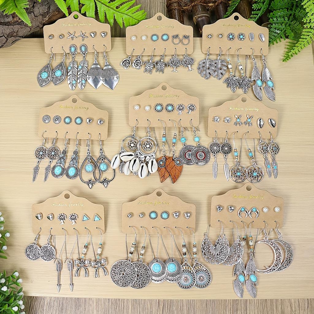54 Pairs Of Boho Ethnic Style Earrings Ear Stud Combination Set Silver Color Geometric Turquoise Inlaid Party Decor Gifts