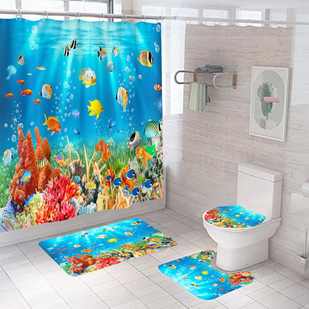 Bathroom Shower Curtain Four-piece Digital Printing Sand Underwater World Waterproof Shower Curtain Shower Curtain Partition Curtain Bath Mat