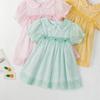 Summer Girls Cotton Princess Dress Hand Smocked Puff Short Sleeve Kids Party Dress Casual Cute