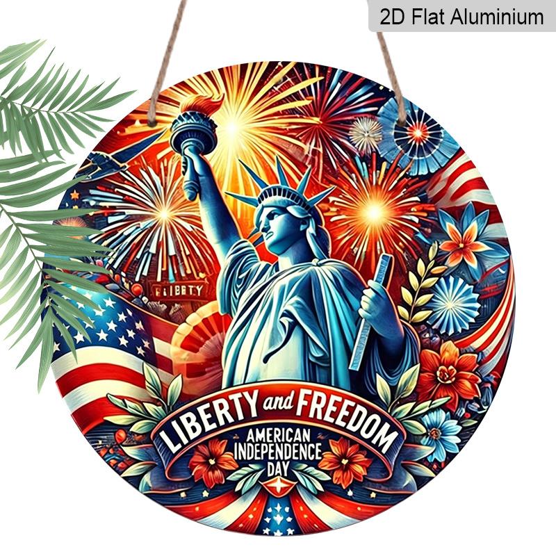 2D Flat, 1pc Vintage Patriotic Independence Day Aluminum Wall Decor - Statue of Liberty with Fireworks, American Flag Colors - Heavy-Duty Rustproof