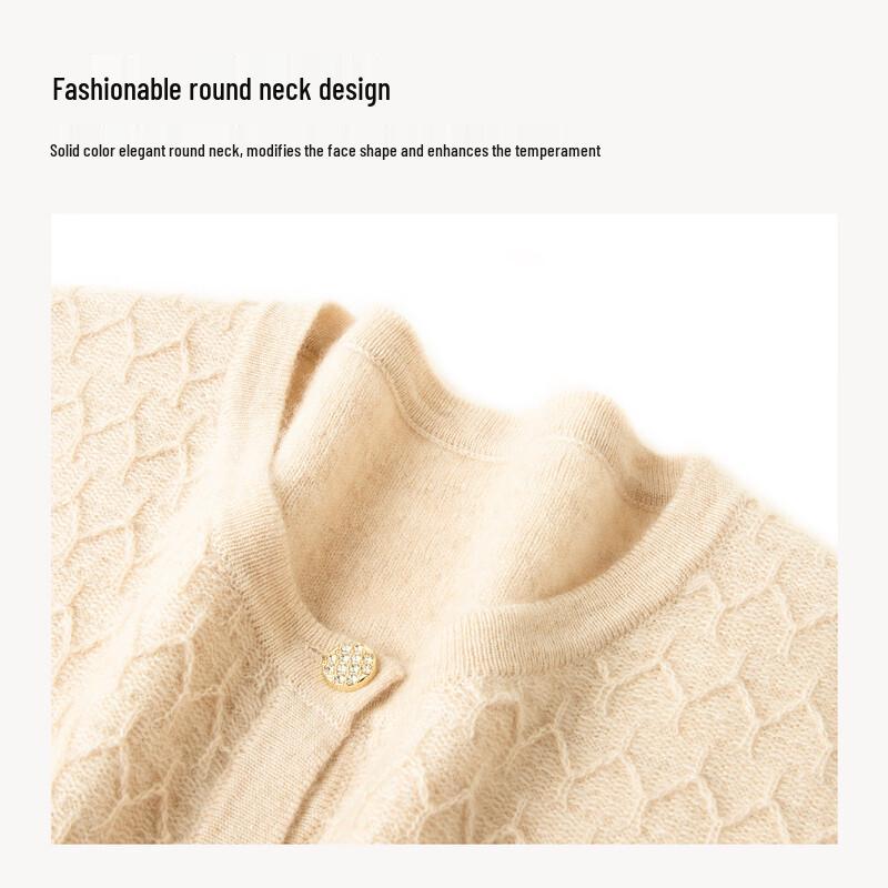 TUHUANG Women's Pure Cashmere Round Neck Cardigan Sweater