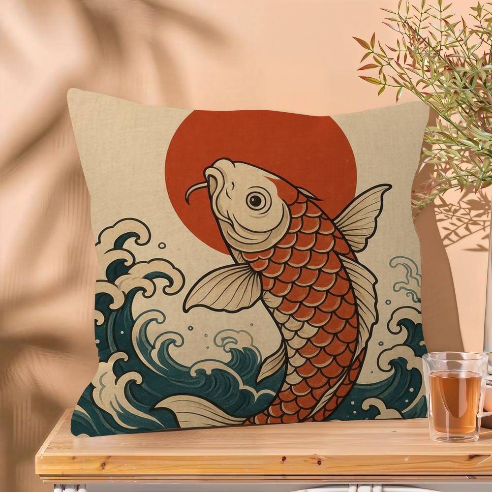 Japanese Red Koi Fish Pillow Cover Sofa Cushion Cover Home Room Decoration Children Gift