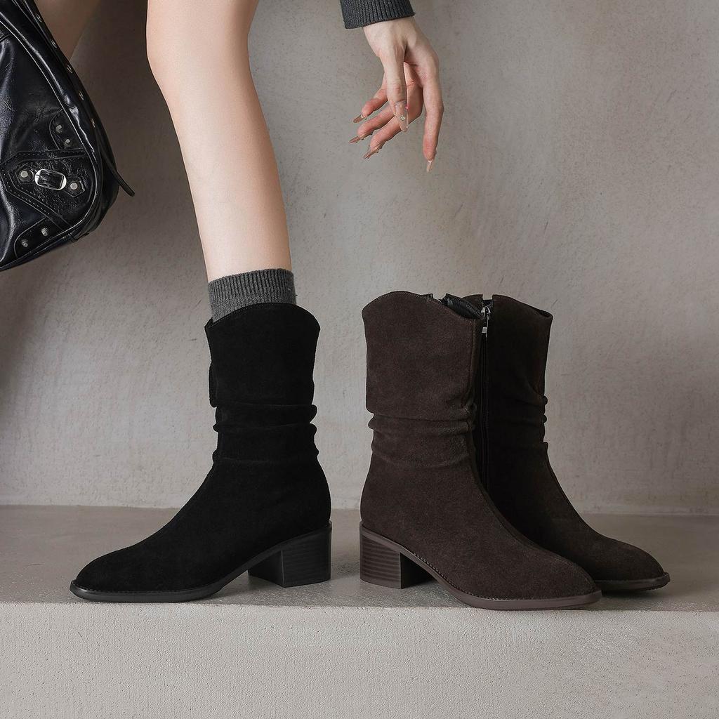 Krazing Pot Cow Suede Nubuck Round Toe Thick Heels Western Boots Size 42 Slip on Women Pleated Decoration Mid-calf Boots