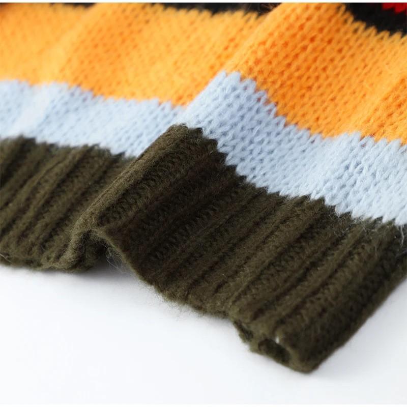 Color Block Striped Loose Knit Sweater Womens Casual Long Sleeve Rainbow Pullover