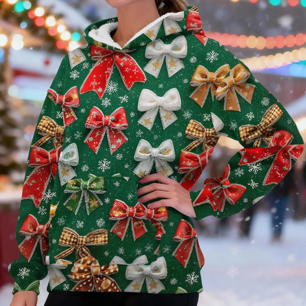 Women's Fashionable Casual Long-Sleeved Christmas Print Fleece-Lined Thick Hooded Sweatshirt