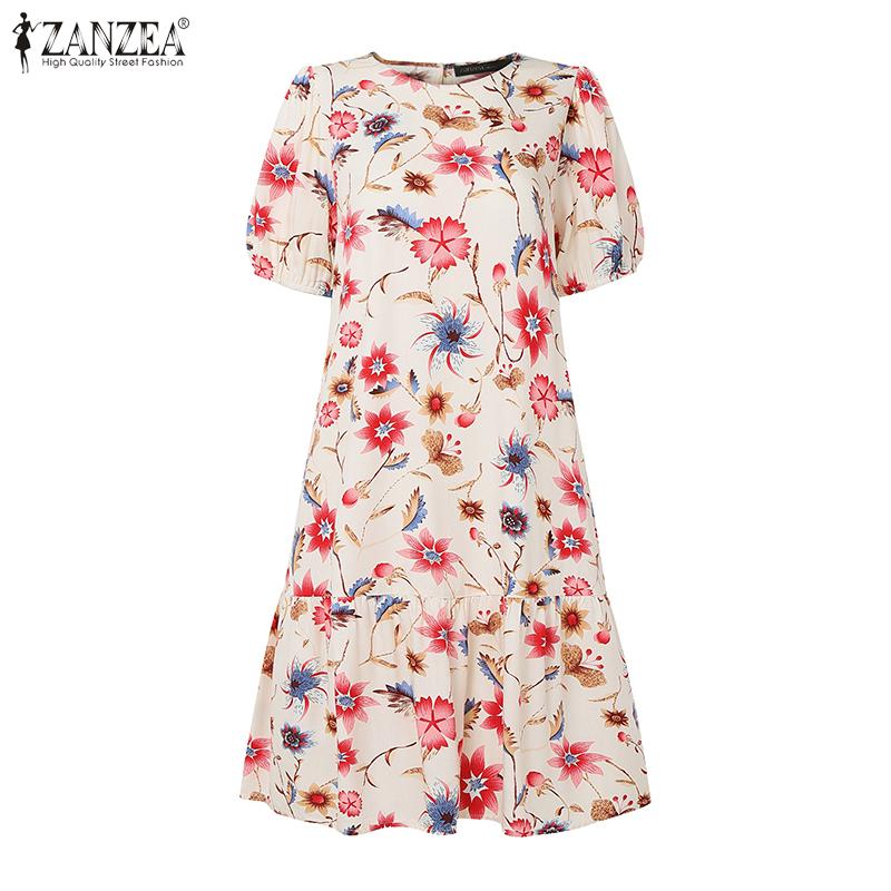 ZANZEA Women Casual Round Neck Summer Loose Short Sleeve Floral Dress