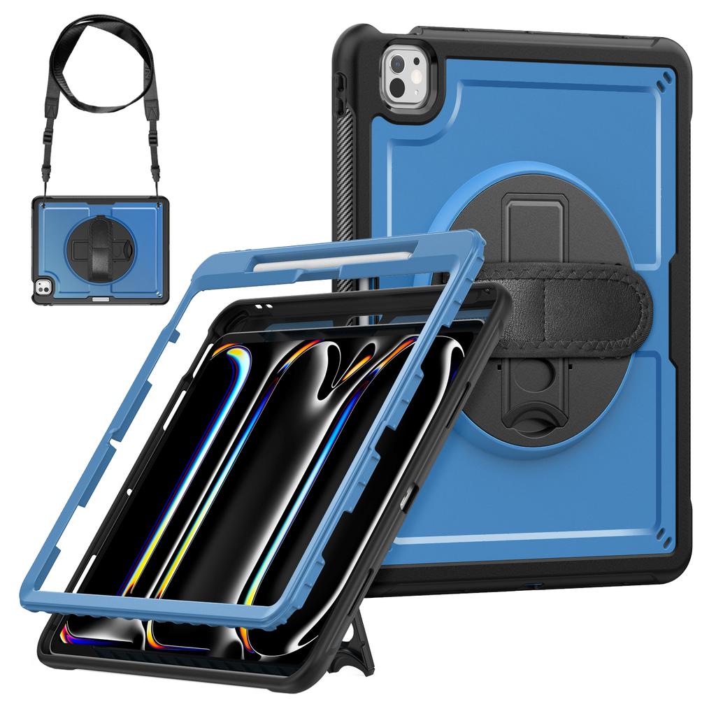 For iPad Pro 13 (2024) M4 Case Kickstand PC+TPE Tablet Cover with Hand Strap and Shoulder Strap