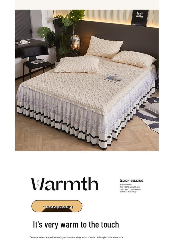 Thickened Taffeta Bed Skirt Set: Korean Style Lace Bedspread & Mattress Cover (3-Piece, Solid Color)