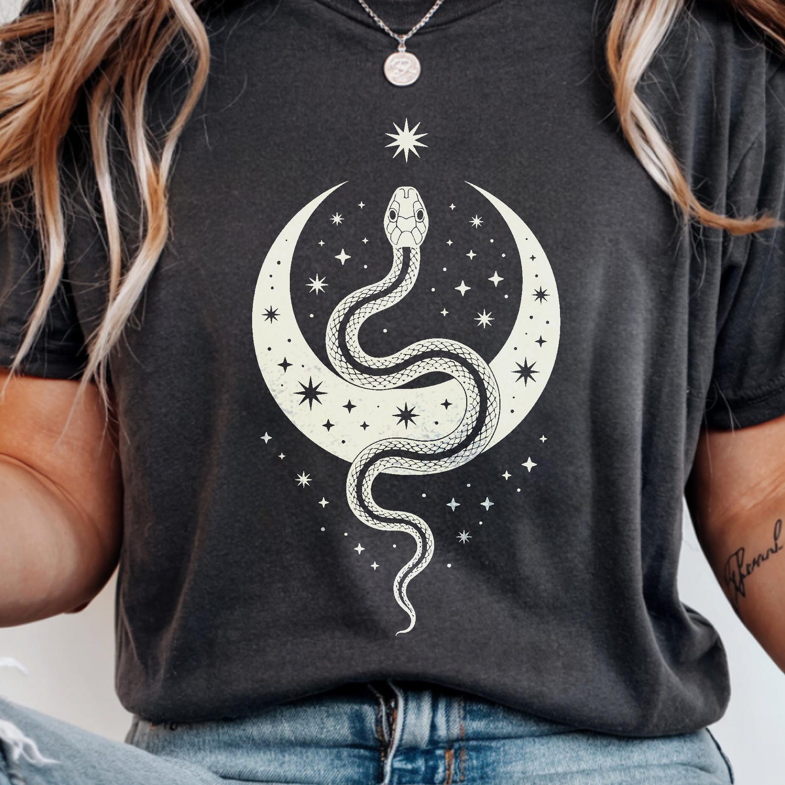 Celestial Snake Moon T-Shirt Cozy Goth Witchy Serpent Tee Mystical Crescent Moon Phases Shirt Occult Gothic Snake Lover Gift S
