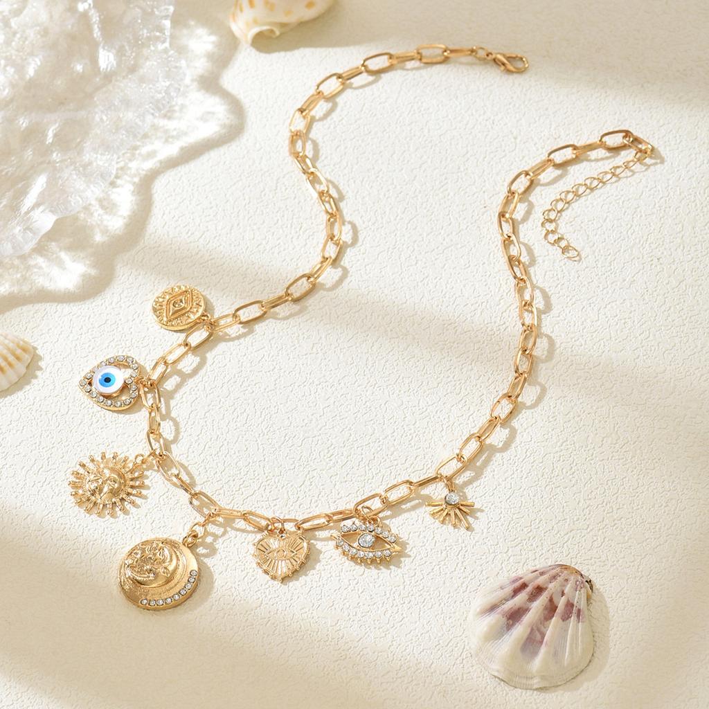 Devil's Eye Love Clavicle Chain European and American Jewelry Vintage Embossed Star Moon Sun Flower Necklace
