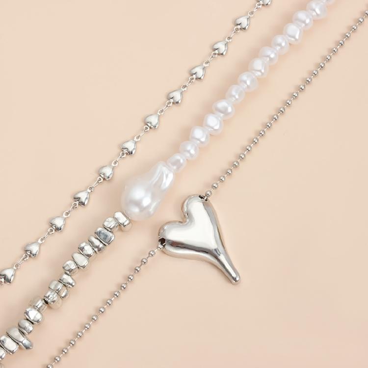 Contemporary Tiered Heart Necklace Alloy Beads And Pearls Collarbone Chain Adjustable Neckchain Party Jewelry