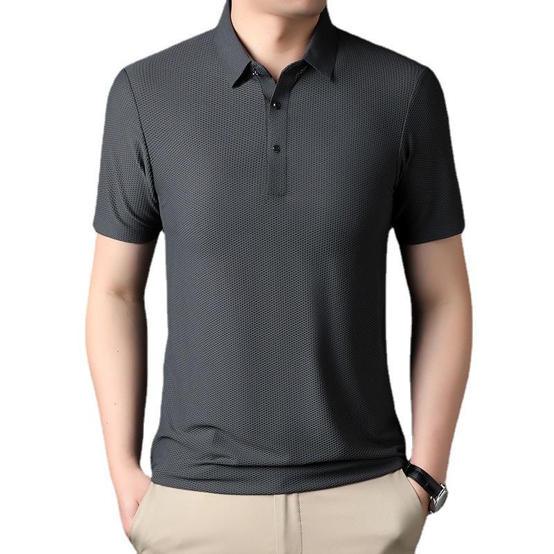 Męski T-shirt z krótkim rękawem z jedwabiu niemulberry Lato Nowy Styl Młody i w średnim wieku Kołnierzyk Bezszwowy T-shirt z krótkim rękawem Koszulka POLO Odzież męska