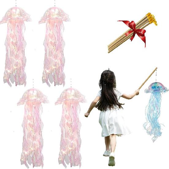 4 Pack LED Jelly-Fish Lamps, Hanging Glitter Iridescent Jelly-Fish Lantern, Home Office Room Decoration, Birthdays Halloween Christmas Gift for