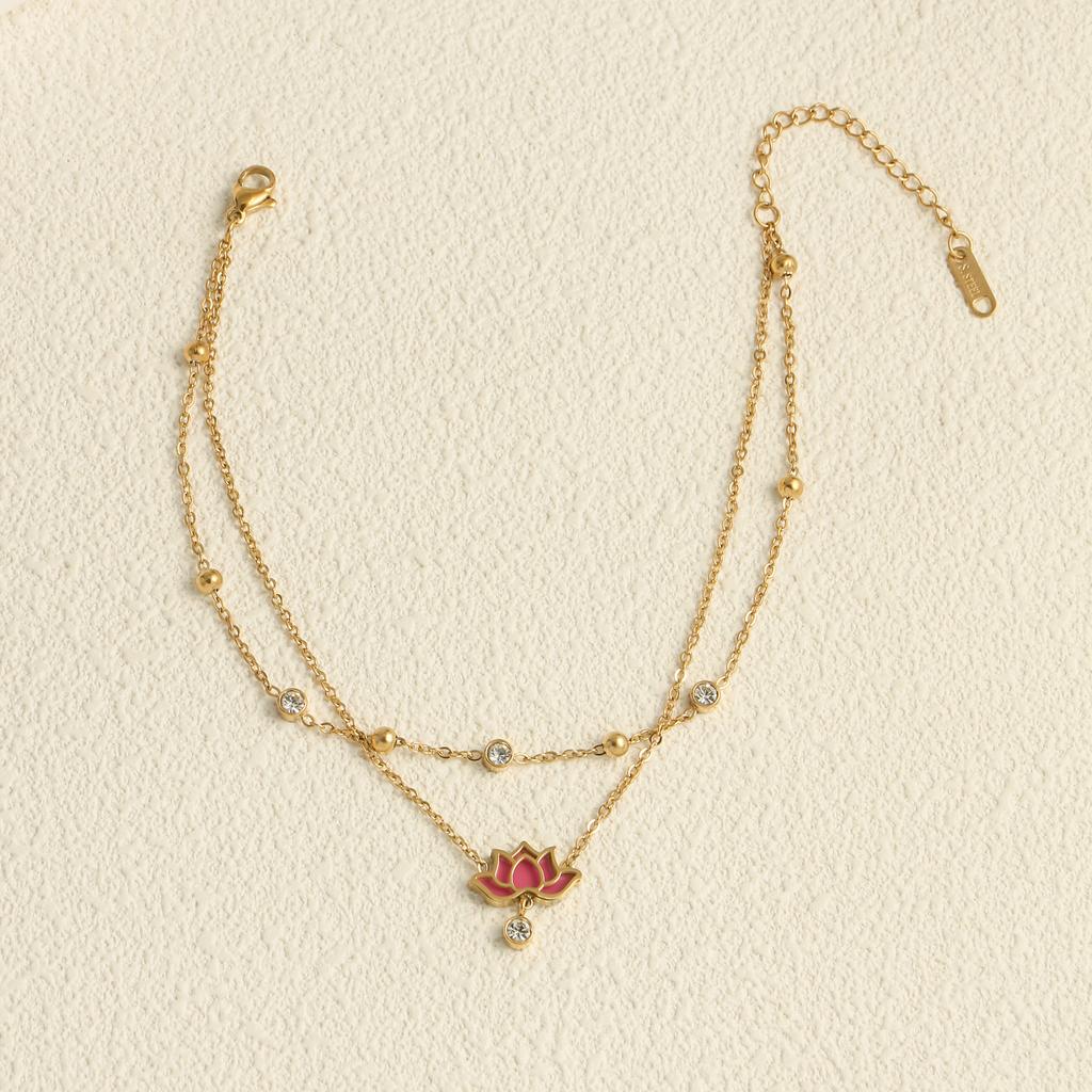Multi Layer Zirconia Stainless Steel Chain White Pink Lotus Pendant Women's Fashionable Jewelry Gift Summer Beach Ankle Chain