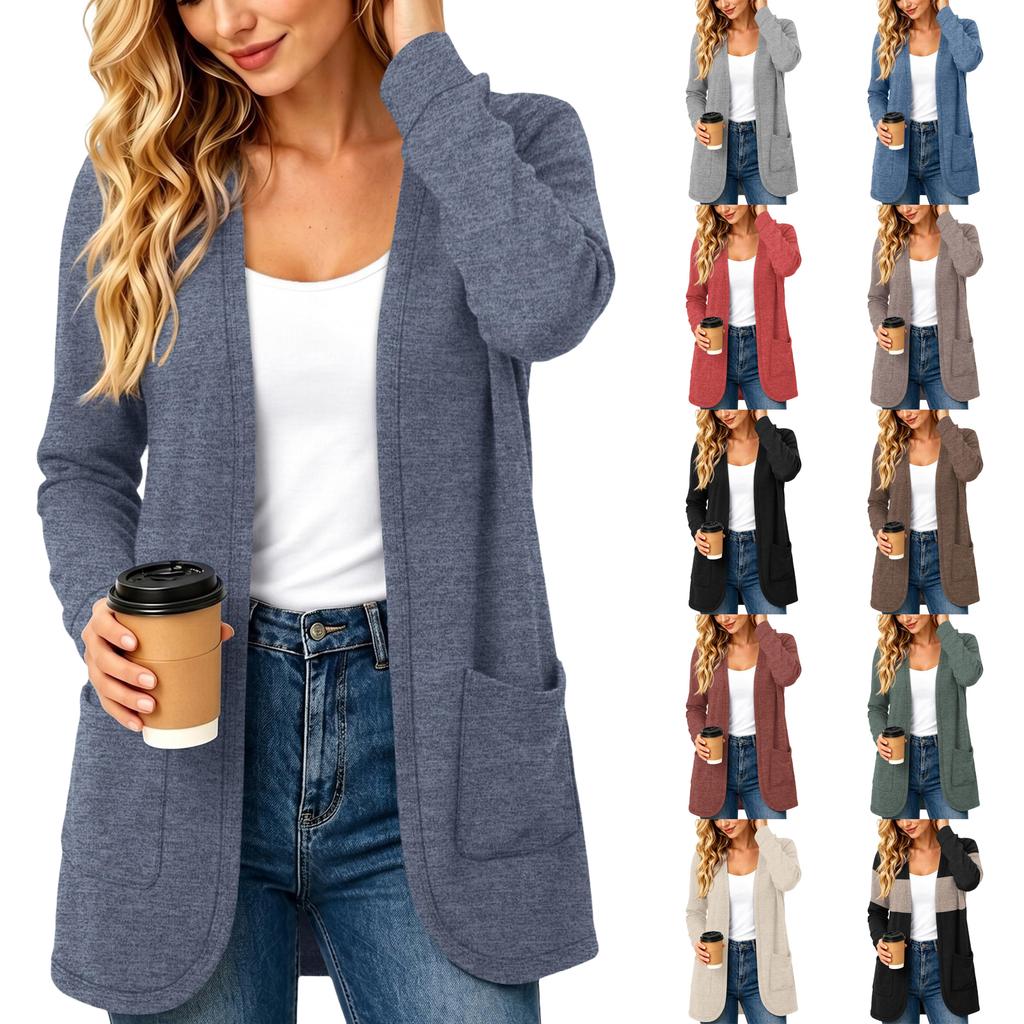 Women's Cardigan Color Long Sleeve with Pockets for Casual Wear