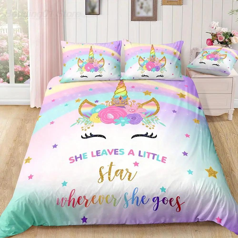 Rainbow Unicorn Duvet Cover Set Queen Size Glitter Rainbow Unicorn Bedding Set for Girls Teens Rainbow Unicorn Comforter Cover