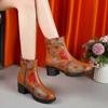 Retro Women's Ankle Boots 2024 Winter High Quality Pu Leather Ethnic Print Ladies Booties Comforta Mid Heel Round Toe Mom Shoes