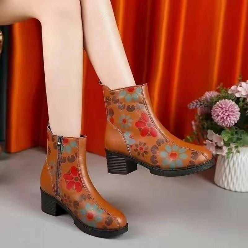 Retro Women's Ankle Boots 2024 Winter High Quality Pu Leather Ethnic Print Ladies Booties Comforta Mid Heel Round Toe Mom Shoes