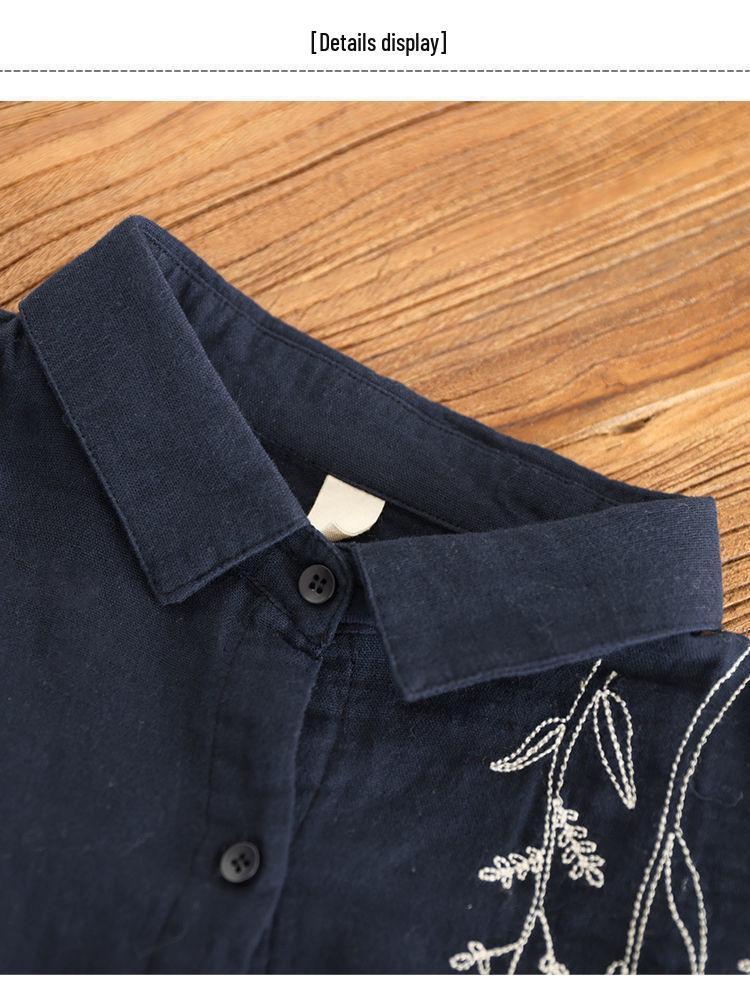 2024 Artistic Retro Floral Embroidered Cotton Linen Long Sleeve Shirt for Women - Loose Fit for Spring & Autumn