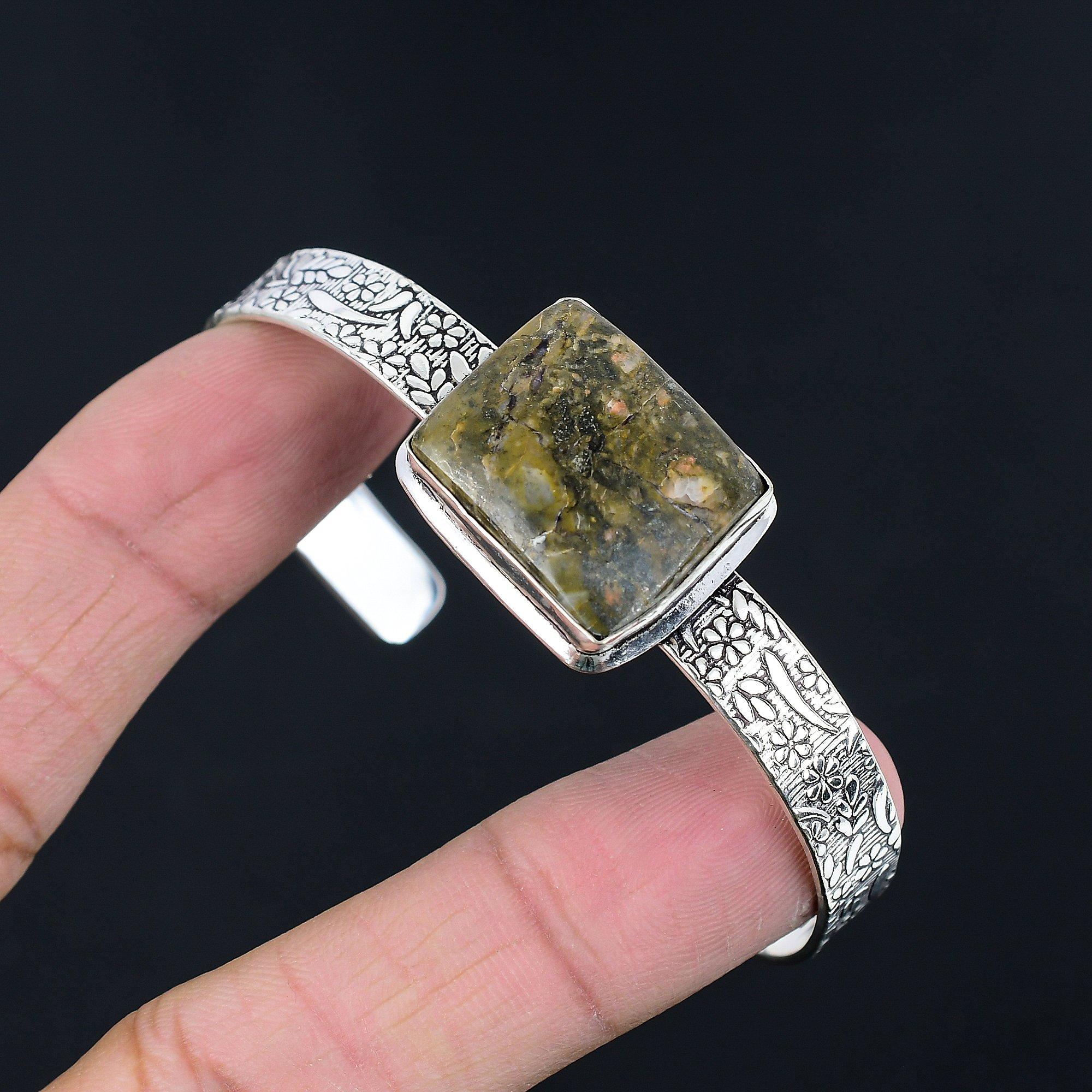 

Daughters Day Deal Rainforest Jasper Gemstone 925 Silver Ethnic Bangle Bracelet Adjustable