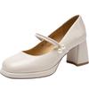 ZHR Elegant Sheepskin Mary Jane Chunky Heel Pumps