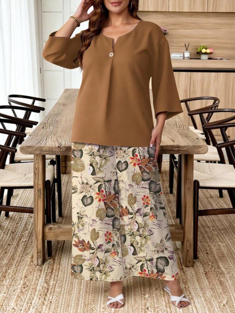 Women's Fashionable Casual Loose-Fit Three-Quarter Sleeve Top And Pants Set