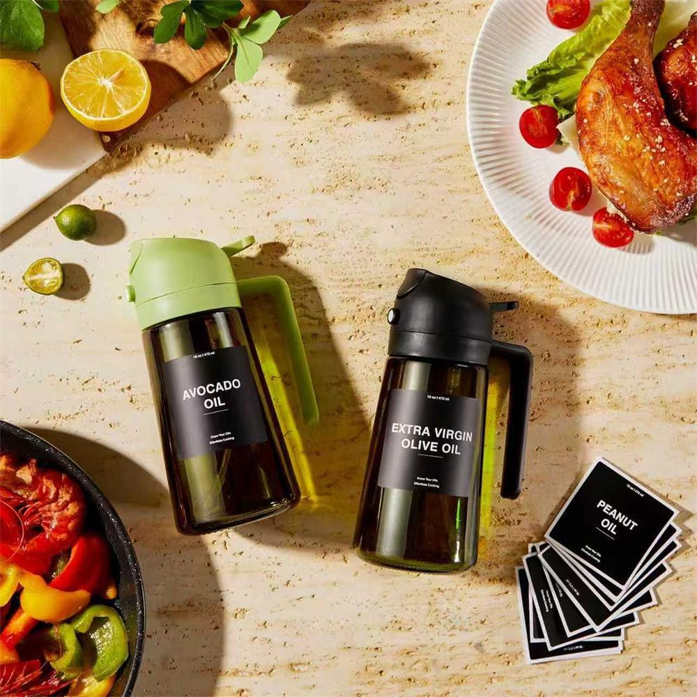 Olivenölspender, Sprüher zum Kochen 2 in 1 - Sprühen und Gießen, Dunkelgrüne Glasölflasche mit Aufklebern, 16oz/470ml Ölsprüher