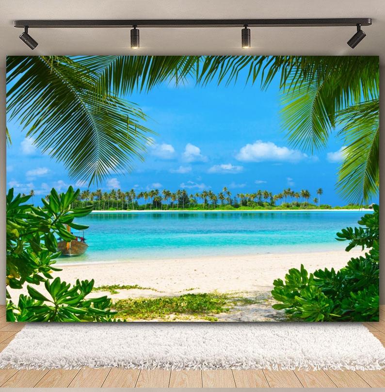 Tropischer Strand Hintergrund für Fotografie Sommer Hawaii Blaues Ozeanwasser Meeresufer Palme Kinder Feiertagsparty Foto Hintergrund Dekoration