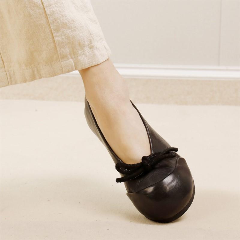 Johnature Women's Shoes Genuine Leather Flat Shoes Soft Soled Butterfly Bow Shallow Slip-on Shoes