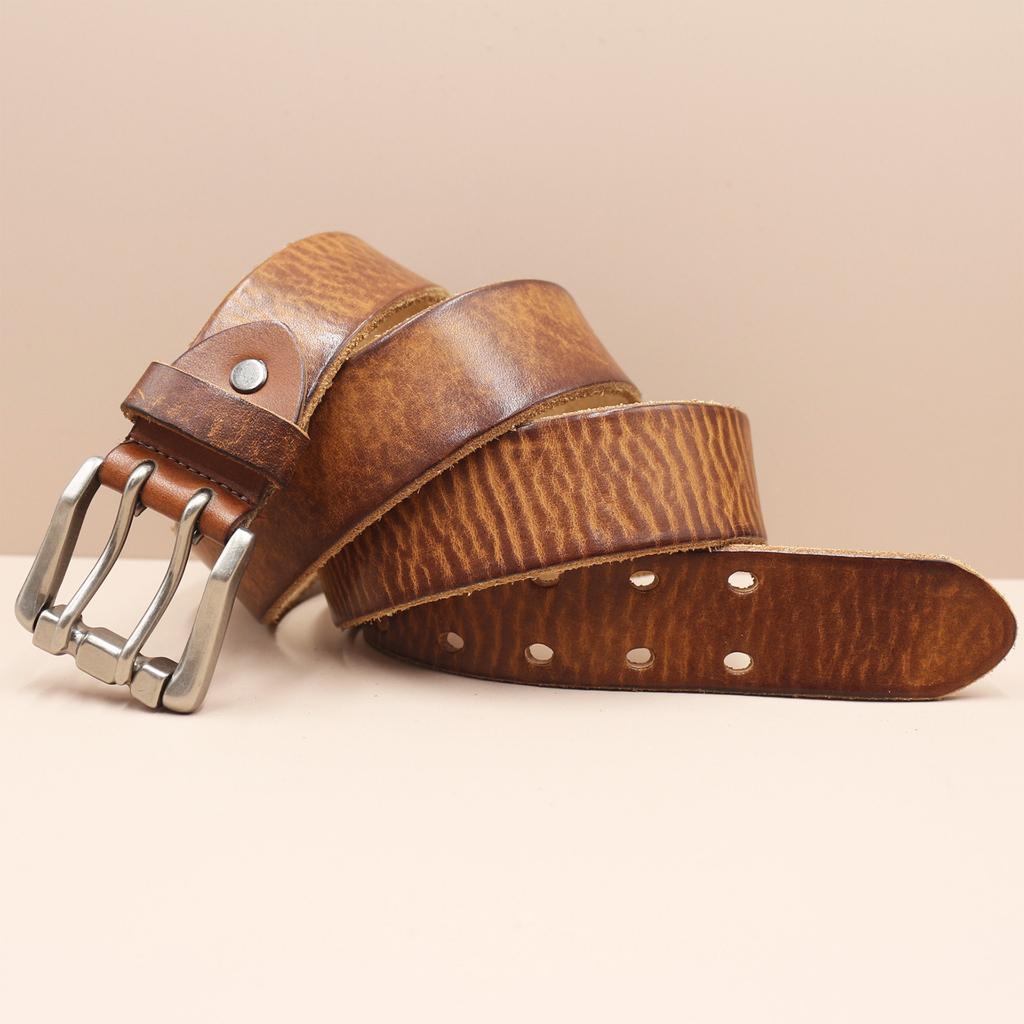 3.8Cm Wide Retro Water Shampoo Layer Pure Cowhide Belt Men'S Genuine Leather Trend Double Needle Women'S Casual Belt