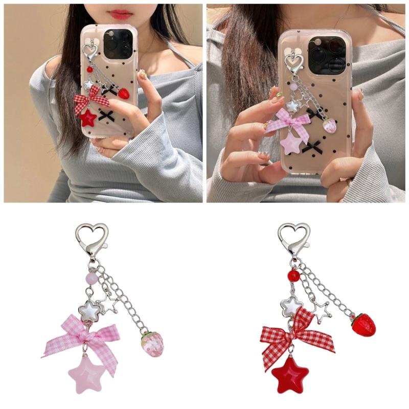 Cute Strawberry Bowknot Bag Charm Charming Strawberry Bowknot Keychain for Trendsetters Sturdy Key Chain Pendant